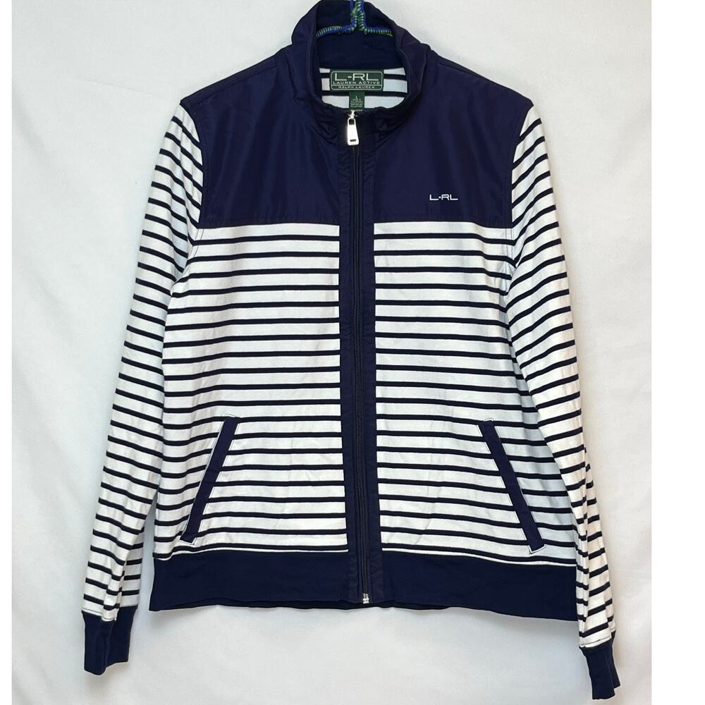 L-RL Lauren Active Women's L Blue White Striped Zip Up Long Sleeve Jacket Casual
